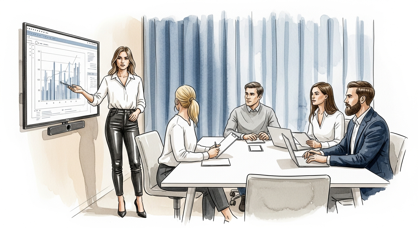 Editorial illustration of a team analysing diagnostic data on a screen